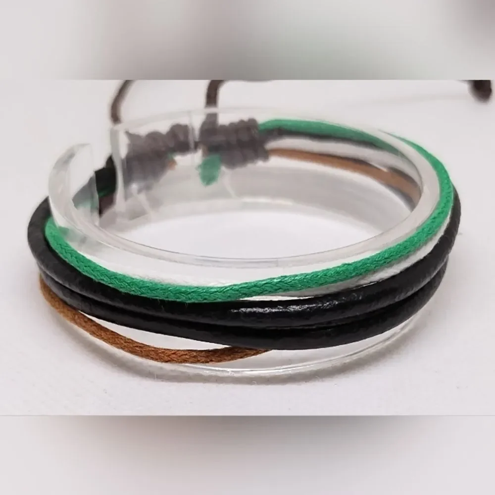 Men's leather bracelet layered black new e68‎